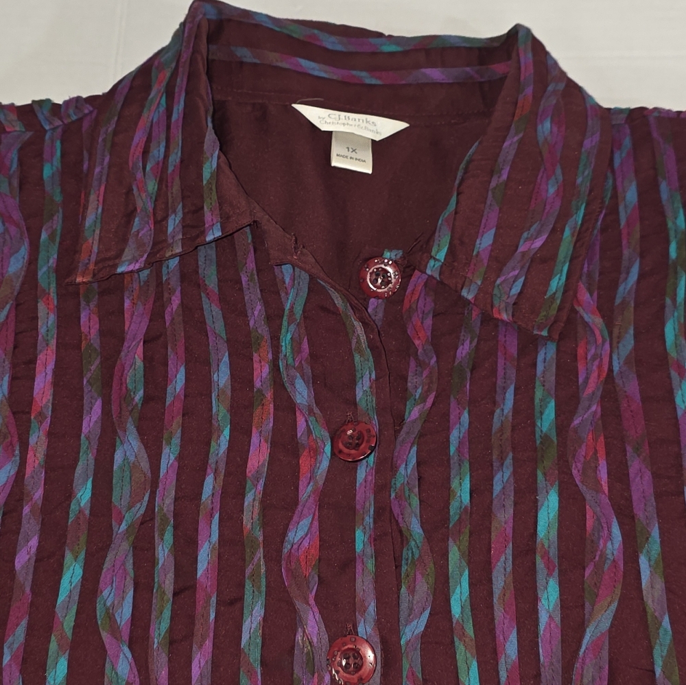 CJ Banks Crinkle Textured Button Front Burgundy Jewel Tone Shacket 1X